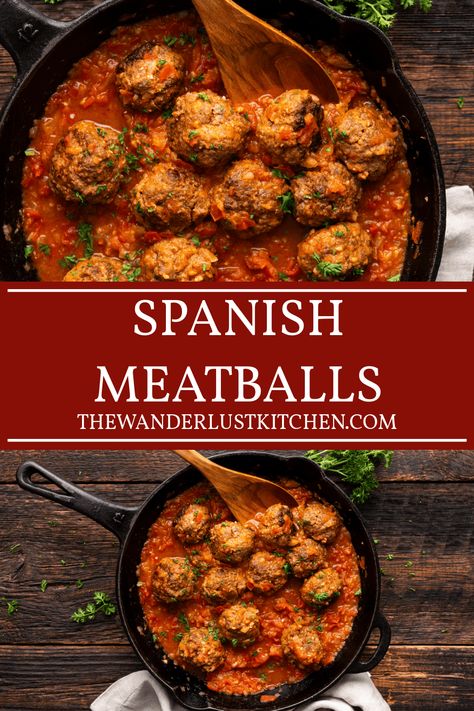 Spanish Meatballs Tapas, Spanish Meat Recipes, Spanish Meatballs Recipe, Beef Meatball Recipes, Pasta Balls, Spanish Meat, Spicy Meatballs Recipe, Moist Meatballs, Spanish Meatballs