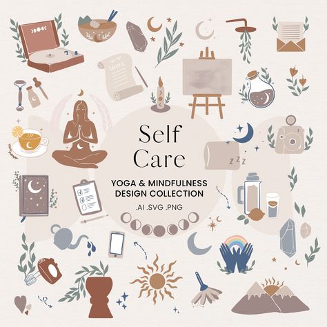 Self Care Digital Stickers, Self Care Illustration Art, Self Care Doodles, Spiritual Clipart, Yoga Elements, Self Care Illustration, Self Care Clipart, Props Illustration, Lunar Flowers