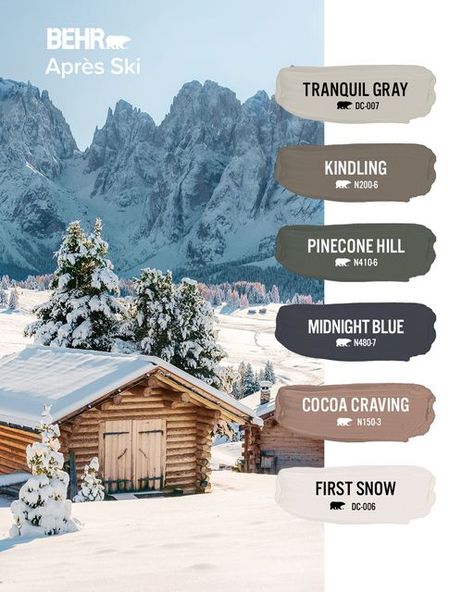 BEHR® Paint on Instagram: "These timeless winter hues put the slay in 🛷. #BEHR" Lodge Color Palette, Hygge Color Palette, Ski Lodge Interior, Hygge Colors, Cozy Ski Lodge, House Color Schemes Interior, Behr Colors, Ski Cabin, Earth Sheltered