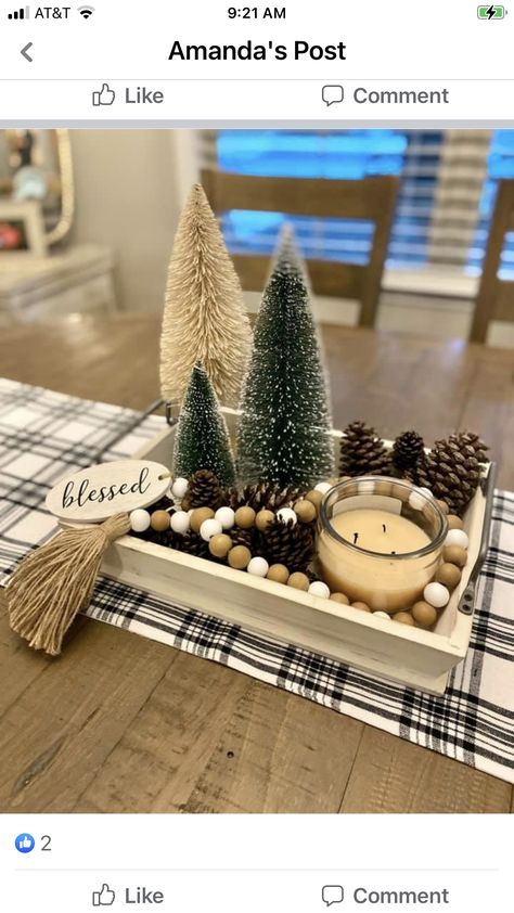 Kitchen Table Winter Decor, Christmas Rectangle Tray Decor, Coffee Table Christmas Decor Ideas Decorative Trays, Christmas Decor End Table, Wooden Tray Christmas Decor, Tabletop Nativity Scene Display Ideas, Christmas Tray Decor Coffee Tables Living Room, Ottoman Tray Decor Ideas Christmas, Christmas Tray Decor Ideas Rectangle