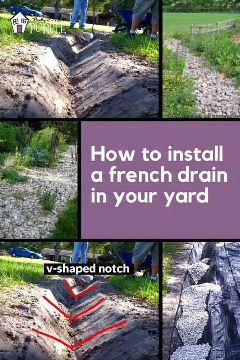 How to install a french drain in your yard Water Draining Landscape, Outside Drainage Solutions, French Drains Landscaping, Landscape For Drainage Problems, Simple French Drain, Rock Trench Drain, Water Drainage Ideas Yards Driveways, Water Drainage Ideas Yards Backyards, Lawn Drainage Ideas