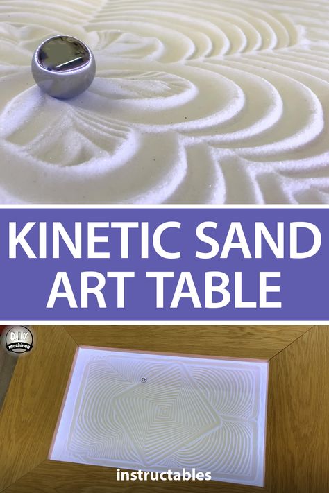 DIY Machines built this kinetic sand art table that creates designs and then destroys them in order to create more. #Instructables #electronics #technology #Arduino #RaspberryPi Diy Kinetic Sand Table, Diy Sand Art Picture, Sisyphus Table, Sensory Decor, Sand Table Ideas, Kinetic Art Diy, Magnetic Sand Table, Kinetic Sand Diy, Kinetic Sand Table