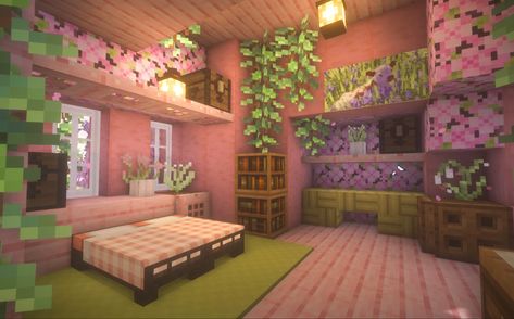 Minecraft Room Cottagecore, Aesthetic Pink Minecraft House, Minecraft Bedroom Inspiration, Minecraft Couple Bedroom Ideas, Cute Things Minecraft, Minecraft Houses Without Mods, Cute Small Cottage Minecraft, Aesthetic Bedroom Minecraft, Minecraft Cute Room Ideas