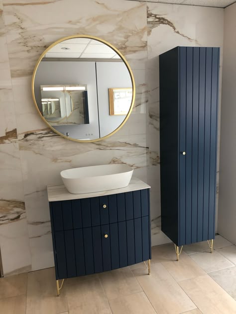 Dansani Vintage grooved vanity unit, brass, blue Navy Cabinets Bathroom, Blue And Beige Bathroom, Navy Bathroom Vanity, Blue Bathroom Cabinets, Vanity Unit Design, Small Bathroom Design Ideas, White Bathroom Furniture, Navy Bathroom, Corner Vanity Unit