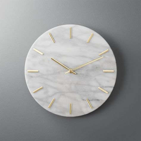 Shop carlo marble and brass wall clock. Shiny brass hands tell time on smooth, white marble. Simple, clean design indicates the hour with minimalist dashes instead of numbers. Elevates the entry or goes glam on a gallery wall. carlo marble and brass wall clock is a CB2 exclusive. Wall Clock Design Ideas, Marble Room, Clock Design Ideas, Marble Clock, Marble Decor, Wall Clock Design, Unique Wall Clocks, Modern Wall Sconces, Marble Wall