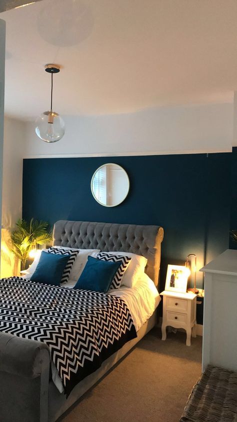 Dark teal bedroom Petrol Blue Bedroom Ideas, Teal Wall Bedroom Decor, Dark Teal Feature Wall Bedroom, Midnight Teal Bedroom, Bedroom Ideas Teal And Grey, Teal Bedroom Wall Ideas, Turqoise Bedroom Master Colour Schemes, Teal Panelling Bedroom, Teal Accent Bedroom