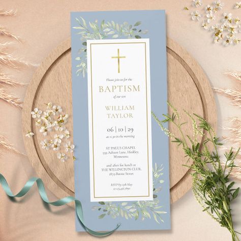 Watercolor Greenery Baptism Christening Dusty Blue for $2.95 - Baptism & Christening Invitations Dusty Blue Invitation, Baptism Thank You Cards, Christening Invitation, Baby Boy Baptism, Blue Invitation, Delicate Watercolor, Watercolor Greenery, Modern Watercolor, Boy Baptism