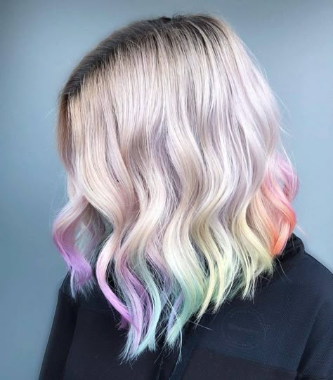 35 of the Most Beautiful Short Hairstyles with Pastel Colors Hair Colors Short Hair, Blonde Hair With Color Peekaboos, Bright Balayage, Pastel Hair Colors, Demi Girl, Hidden Rainbow Hair, Hair Formulas, Pastel Rainbow Hair, Color Balayage