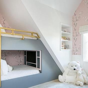 Bed Under Sloped Ceiling, Loft Bedroom Ideas Sloped Ceiling, Attic Bedroom Kids, Cabin Bunk Room, Bedroom Sloped Ceiling, Loft Bedroom Kids, Brass Railing, Bed Under Stairs, Sloped Ceiling Bedroom