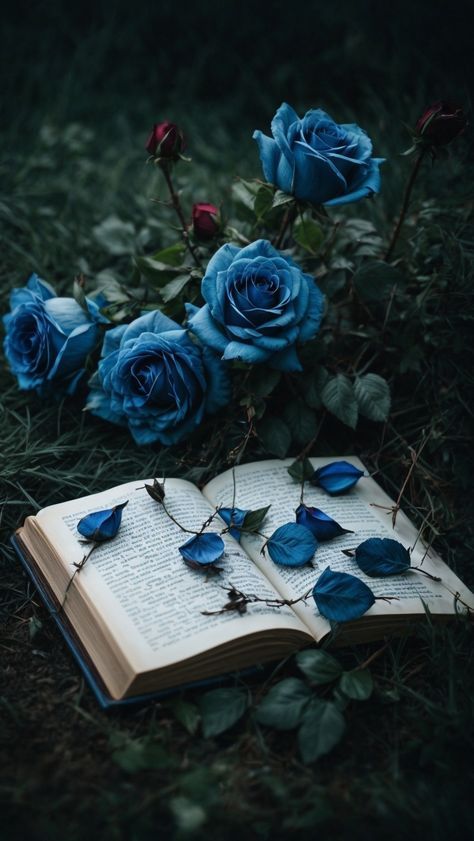 Dark Flowers Wallpaper Aesthetic, Blue Books Aesthetic Wallpaper, Blue And Black Flowers Aesthetic, Cute Wallpapers Books, Dark Blue Book Aesthetic, Flower Photography Ideas Creative, Kyla Core Aesthetic, Blue Writing Aesthetic, Romance Book Wallpaper