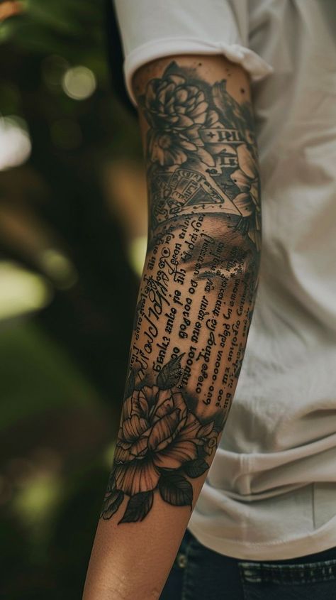 Close-up of a person's arm with an intricately designed tattoo sleeve featuring nature and floral motifs. Script Tattoo, Script Text, Tattoo Script, Tattoo Sleeve, Elegant Floral, Floral Motifs, Arm Tattoo, Floral Motif, Sleeve Tattoos