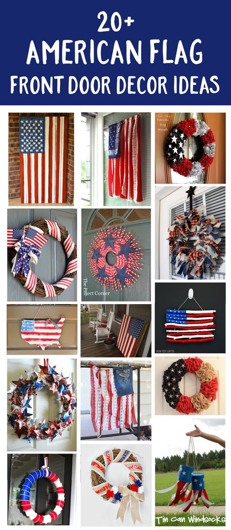 20  ideas for American Flag Front Door Decor. Get inspired by the creators of these Patriotic Projects. American Flag Wreath Diy, Flag Door Decoration, American Flag Wreath Diy Front Doors, Flag Wreath Diy, Flag Wreaths For Front Door, Diy Fourth Of July Crafts, Usa Door Hanger, Patriotic Door Decorations, American Flag Welcome Sign