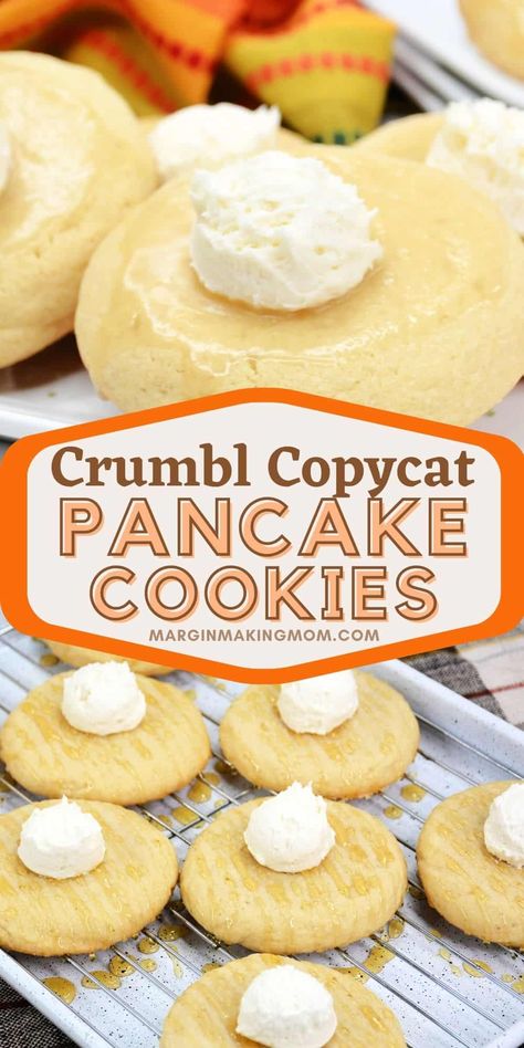 These pancake cookies are delicious AND fun! A copycat of the ever-popular Crumbl buttermilk pancake cookie, these cookies are topped with buttermilk syrup and a dollop of buttercream, so they look just like pancakes! Buttermilk Pancake Cookies, Crumbl Buttermilk Pancake Cookies, Pancake Crumbl Cookie, Crumbl Cookie Copycat Buttermilk Pancake, Pancake Cookie Recipe, Buttermilk Pancake Crumbl Cookie, Crumbl Pancake Cookies, Crumbl Cannoli Cookie Copycat, Crumbl Copycat Cookie Recipe