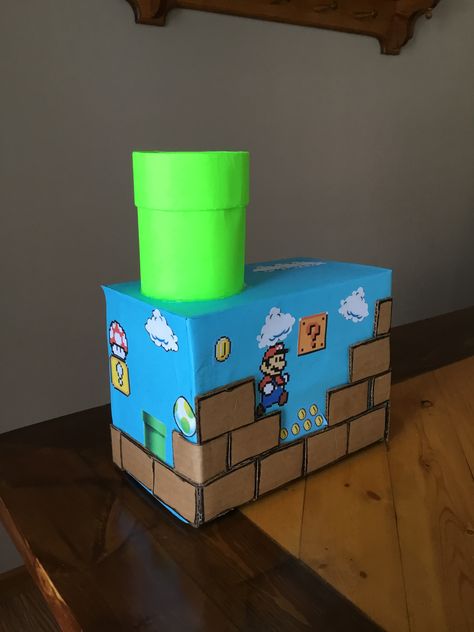 Mario themed Valentine’s Day box Basketball Valentine Boxes, Pokemon Valentines Box, Star Wars Valentines Box, Valentine Box Ideas For School, Diy Valentine's Mailbox, Valentine Box Ideas, Girls Valentines Boxes, Pokemon Valentine, Diy Valentines Box