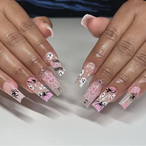 24-Piece Halloween Pink Press-On Nail Set - Medium-Long Square French Tips with Pumpkin, Spider Web Prints & Rhinestone Accents for Women & Girls Festive Wear! 😊 👉 item link: https://temu.to/k/uv370anu33s 🎉 Coupon price[$2.30] Halloween Nails Medium, Pink Nails Halloween, Square French Tips, Halloween Nails Pink, Pink Halloween Nails, Spooky Halloween Nails, Pumpkin Spider Web, Square French, Halloween Pink