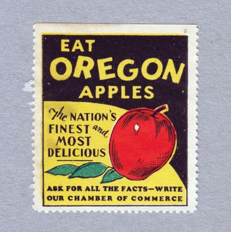 Eat OREGON apples … the nation's finest and most delicious … Ask for all the facts - write our chamber of commerce⠀⠀ ⠀⠀ Poster stamp promoting Oregon farming. One in a series marketing the state's many attributes. ⠀ ⠀ Tin Fish, Food Stamps, Brand Promotion, Popular Art, Chamber Of Commerce, Letterhead, Stamp Design, Senior Year, Art Movement