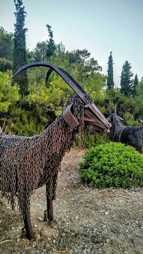 Natalia Mela, metal goat Tire Art, Found Object Art, Metal Yard Art, Metal Garden Art, Sculpture Metal, Rustic Art, Metal Art Sculpture, Garden Art Sculptures, Outdoor Sculpture