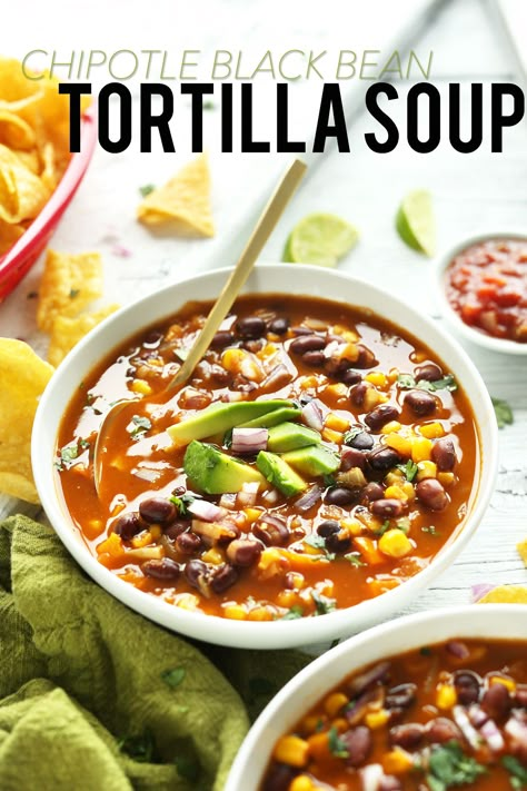 EASY Chipotle Black Bean Tortilla Soup! So simple, hearty and delicious! #vegan #glutenfree Black Bean Tortilla Soup, Bean Tortilla Soup, Black Bean Tortilla, Chipotle Black Beans, Glutenfree Recipe, Minimalist Baker, Healthy Mexican, Keto Soup, Vegan Mexican