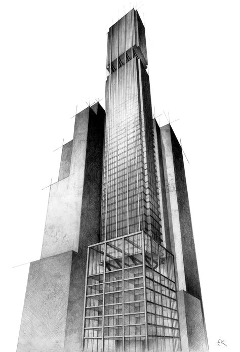 hand drawn pencil perspective concept of the 610 Lexington avenue tower. Skyscraper Drawing, Tall Building Drawing, Skyscraper Architecture Drawing, Quick Building Sketches, High Rise Building Concept Sketch, Cn Tower Sketch, Famous Building Sketches Architecture, Drawing Scenery, Section Drawing