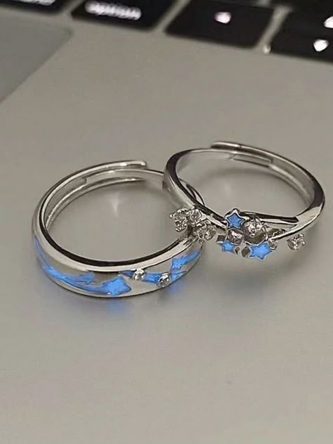 Matching Rings Aesthetic Couple, Homaika Ring, Silver And Blue Ring, Matching Rings For Couples, Wedding Rings Sets His And Hers, Cute Promise Rings, Couples Rings, Promise Rings For Him, Rings Couple