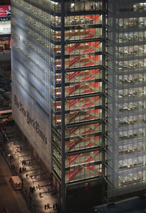 New York Times Building, Renzo Piano Architecture, Building Workshop, Industrial Office Design, New York Architecture, Architectural Engineering, Stairs Architecture, Facade Lighting, Renzo Piano