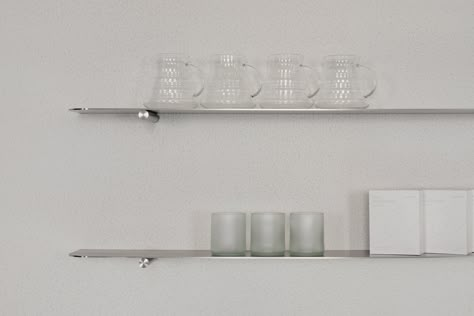 Metal Shelf Kitchen, Stainless Shelf, Shelf Detail, Stainless Steel Kitchen Shelves, Minimal Shelves, Coffee Booth, Stainless Steel Shelves, Stainless Steel Shelf, Dining Inspiration