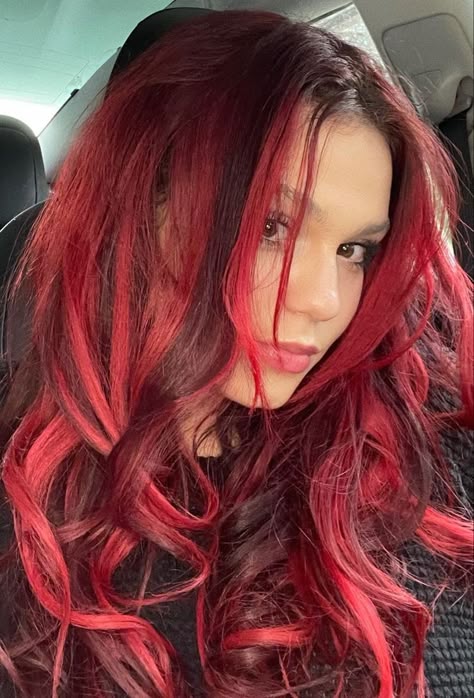 Dark Red Hair Bright Red Highlights, Latina With Red Highlights, Dark Red With Bright Red Highlights, Dark And Bright Red Hair, Bright Red And Dark Red Hair, Dark Red With Red Highlights, Red Hair And Pink Highlights, Bright Red Hair Highlights, Red On Red Highlights