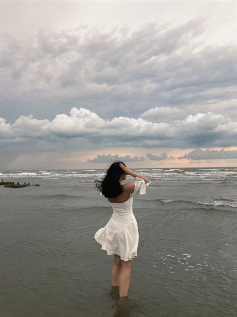 Sea side, pose, inspiration, white dress, clouds, photo shoot, aesthetic, beach, summer, august White Dress In Beach Aesthetic, Beach Side Pictures, Beach Side Photos, White Dress Beach Aesthetic, White Dress On Beach Photoshoot, White Beach Dress Photoshoot, Beach Side Poses, Beach Photo Shoot Dress, Beach Side Aesthetic