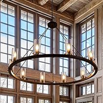 Wagon Wheel Lights Chandeliers, Entryway Chandelier Foyers, Large Round Pendant Light, Large Chandelier High Ceilings, Large Foyer Chandeliers, Cabin Chandelier, Modern Cabin Interior, Rustic Chalet, Farmhouse Chandelier Lighting