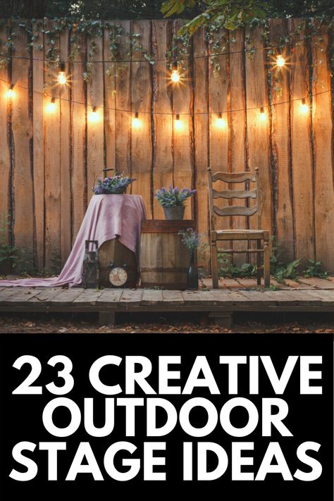 An outdoor stage is a super fun, creative, and useful focal point for your next outdoor event, and in this article, we take a look at 23 of the most creative outdoor stage ideas out there! Read more at OwnTheYard.com! Backyard Stage Diy, Backyard Karaoke Stage, Outdoor Concert Decorations, Outdoor Band Stage, Backyard Music Stage, Outdoor Stage Design Concert, Backyard Concert Ideas, Pallet Stage Platform, Boho Stage Design