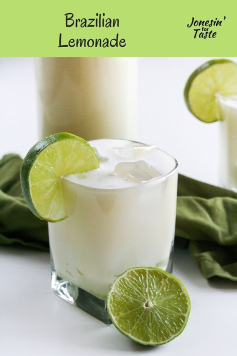 Brazilian lemonade is an easy drink to make with limes and sweetened condensed milk that is a kid friendly option and one children can easily make by themselves. #jonesinfortaste #lemonade #drinks South American Drinks, Drinks With Condensed Milk, Condensed Milk Cocktail, Drinks With Sweetened Condensed Milk, Condensed Milk Drinks, Brazilian Recipes Dessert, Brazilian Lemonade, Easy Drinks To Make, American Drinks