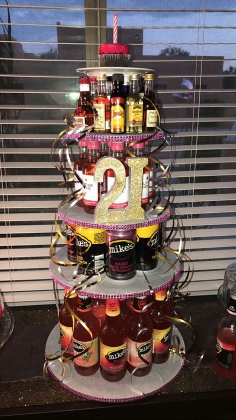 Alcohol tower cake for 21st birthday Guys 20th Birthday Ideas, Alcohol Cake Tower For Guys, 21st Birthday Alcohol Cake Tower, Drink Cake Tower, Alcohol Tower 21st Birthday, Alcohol Cake Tower, Cake For 21st Birthday, Alcohol Tower, 21st Birthday Cake Alcohol