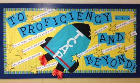 Test Profiency and Beyond! Test Taking Bulletin Board Math Bulletin Boards Middle School, Testing Bulletin Boards, Map Testing, Motivational Bulletin Boards, Counseling Bulletin Boards, Testing Motivation, Math Bulletin Boards, School Counseling Lessons, Middle School Math Classroom