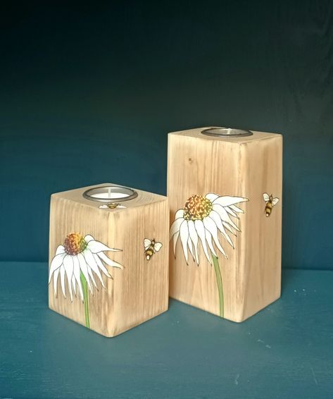 Hand painted, each one unique. Daisies And Bees, Wooden Tea Light Holder, Pressed Metal, Tea Light Holders, Candle Holder Decor, T Lights, Tealight Candle Holders, Light Holder, Tea Light Holder