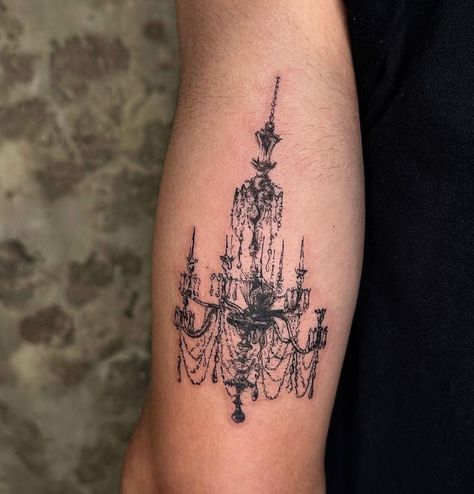 insta: lucky.you.tattoo Gilded Age Tattoo, Black Chandelier Tattoo, Victorian Flash Tattoo, Vintage Chandelier Tattoo, Cathedral Arm Tattoo, Cher Tattoo Ideas, Skull Tattoos Aesthetic, Vintage Jewelry Tattoo, Gothic Candle Tattoo