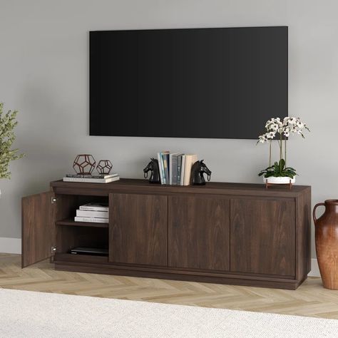 Wade Logan® Bickart 68'' Media Console & Reviews | Wayfair Dark Brown Tv Stand, Dark Wood Tv Stand, Transitional Tv Stand, Brown Tv Stand, Contemporary Tv Stand, Eclectic Modern, Wayfair Furniture, Media Storage, Tv Stands And Entertainment Centers