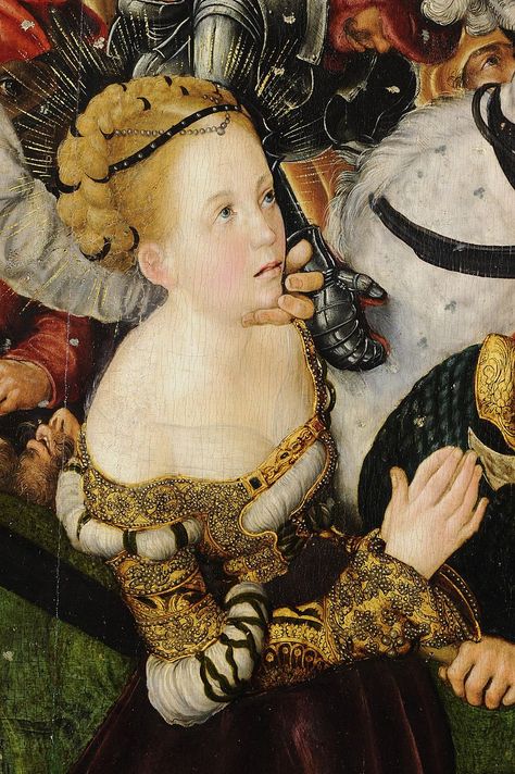 The Martyrdom of St Catherine by Lucas Cranach the Elder (HU HCBC) - detail - Category:The Martyrdom of St. Catherine by Lucas Cranach the Elder - Wikimedia Commons Cranach The Elder, Lucas Cranach, Medieval Paintings, Medieval Costume, St Catherine, Medieval Fashion, Historical Pictures, Historical Costume, Painting Process