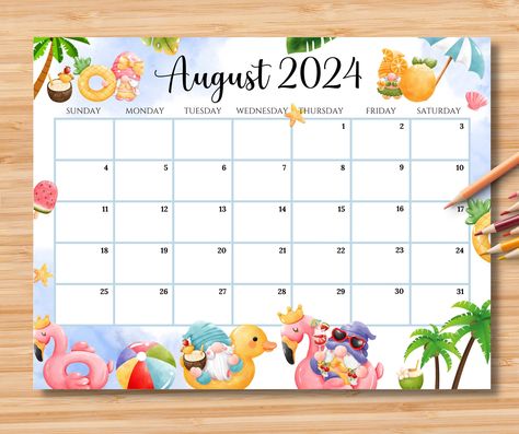 August 2024 Calendar, Shamrock Pictures, Summer At The Beach, Relaxing Summer, August Calendar, Cute Gnomes, Year Calendar, 2025 Calendar, 2024 Calendar