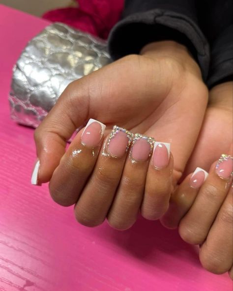 Small Bling Nails, Black Woman Nail Designs, Short French Tip With Rhinestones, Short Nails Gems, Simple Nails With Charms, Square Nails With Gems, French Tip With Diamonds, French Nails With Gems, Short Nails With Gems