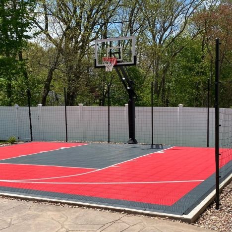 Custom Basketball Barrier and Backstop Nets Basketball Goal Driveway, Diy Basketball Court Lines, Concrete Basketball Court, Basketball Zone Defenses, 1-3-1 Zone Defense Basketball, Backyard Basketball, Outdoor Basketball Court, Deer Fence, Batting Cages