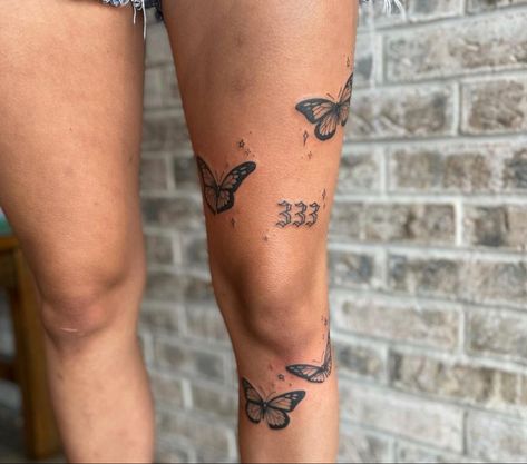 Detail Tattoo For Women, Butterfly Tattoo Leg Sleeve, Leg Tattoos Women Patchwork Simple, Lower Leg Patchwork Tattoos, Above Knee Tats For Women, Scattered Leg Tattoos For Women, Upper Thigh Patchwork Tattoo, Butterfly Tattoo Going Up Leg, Butterfly Below Knee Tattoo