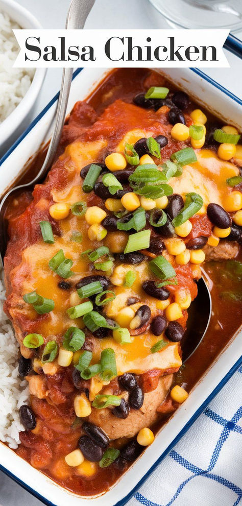 Salsa Chicken – Chicken breasts topped with your favorite salsa and melted cheese! This Salsa Chicken is a simple and satisfying dish that’s great for a quick dinner or entertaining guests. Chicken Salsa Casserole Recipes, Chicken Salsa Bake, Easy Salsa Chicken, Chicken With Salsa, Salsa Chicken Bake, Salsa Chicken Recipe, Chicken Salsa, Easy Salsa, Salsa Chicken