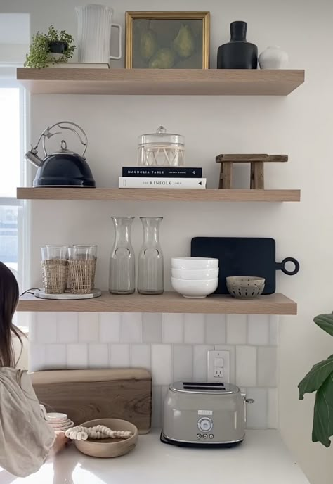 Korean Kitchen Aesthetic Minimalist, Cafe Shelf Decor, Kitchen Shelf Aesthetic, Kitchen Shelf Styling Minimal, Scandi Kitchen Decor, Kitchen Shelf Display, How To Make Walls Look Taller, Kitchen Shelf Decor Modern, Coffee Shelf Ideas