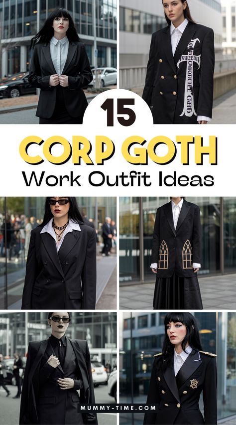 Dare to be different with Corp Goth work outfit ideas that showcase your personality in a professional setting. Explore combinations of tailored pieces and striking accessories that make you stand out. Excited to revamp your wardrobe? Don’t forget to save this pin for later! Office Punk Work Outfits, Midsize Corporate Goth, Goth Work Outfits Plus Size, Gothic Office Outfit Corporate Goth, Corporate Goth Capsule Wardrobe, Goth Business Casual Work Outfits, Gothic Office Outfit, Professional Goth Work Outfits, Corp Goth Outfits