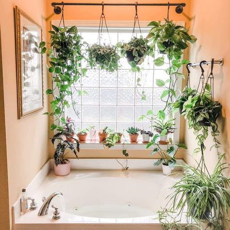 Plant Bathroom Aesthetic Modern, Bathtub With Plants Around, Plants Over Bathtub, Plants Above Bathtub, Bathroom Plants Aesthetic, Bath Next To Window, Plants Around Bathtub, Planty Bathroom Ideas, Bathroom With Lots Of Plants