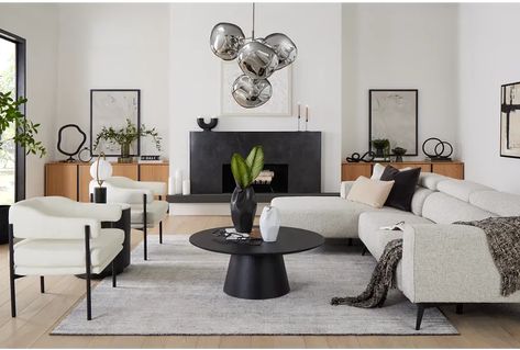 Neutral And Black And White And Green Living Room, Sectional And Chairs Living Room, Gray Couch Living Room Decor, Cream And Black Living Room, Beige And Black Living Room, White And Black Living Room, Black Round Coffee Table, Sectional Living Room Decor, Sunroom Remodel