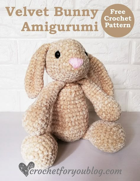 Here is a cute bunny amigurumi pattern made with velvet yarn. He is so soft and squishy! He is also perfect for gift giving to the bunny lover in your life. #crochetforyoublog #bunny #bunnyamigurumi #crochet #freecrochetpatterns #easter Velvet Bunny Amigurumi Free Crochet Pattern, Crochet Velvet Animals Free Patterns, Crochet Bernat Velvet, Velveteen Rabbit Crochet Pattern, Long Ear Bunny Amigurumi Free Pattern, Crochet Projects Velvet Yarn, Bernat Velvet Crochet Patterns, Amigurumi Free Pattern Rabbit, Velvet Bunny Crochet Pattern