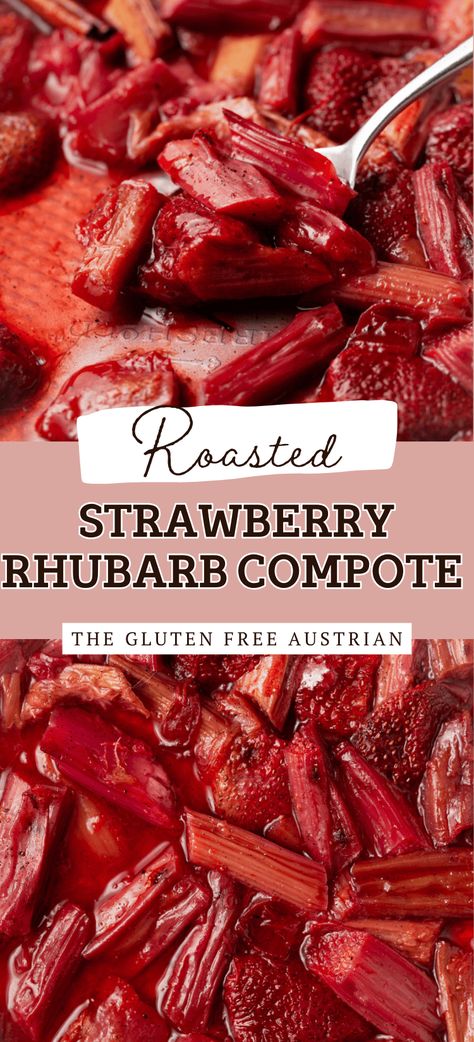 Indulge in the rich flavors of Roasted Strawberry Rhubarb Compote, a delightful blend of sweet strawberries and tangy rhubarb, cooked with brown sugar and spices. Versatile and bursting with summer goodness, it's the perfect topping for pancakes, yogurt, or your favorite desserts, adding a touch of warmth or refreshing coolness to any dish Orange Compote, Pancakes Yogurt, Rhubarb Plant, Gluten Free Pound Cake, Strawberry Rhubarb Compote, Cake And Ice Cream, Roasted Strawberry, Roasted Rhubarb, Rhubarb Compote