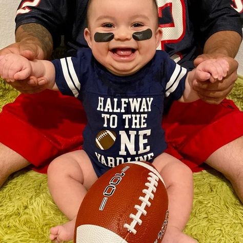 Halfway To The One Yard Line Photoshoot, Boy Half Birthday Ideas, 1/2 Birthday Ideas, 1/2 Birthday, Half Birthday Baby, 2nd Birthday Photos, 2nd Birthday Boys, Football Jersey Outfit, Half Birthday