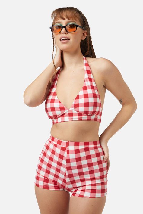 Halter Neck Bikini-Bikini Is Tied In 1940s Style Halter-Gathered Bust Line-Soft Handfeel -Patterned With 'Jam Gingham' Artwork-Made From Nylon Elastane -Available In Red/White Fabric & Care80% NYLON, 20% ELASTANEWASH SEPARATELY BEFORE USEAVOID ROUGH SURFACESCOLOURS MAY FADERINSE THOROUGHLY IMMEDIATELY AFTER EACH USETANNING PRODUCTS, SUNSCREEN & OILS CAN DAMAGE OR DISCOLOUR YOUR SWIMSUITSPA BATHS & CHLORINE MAY DAMAGE YOUR SWIMSUIT Season: Summer 2024 Product Code: DGFY125 | ModCloth Jam Gingham Bikini Top Swimsuit Business, Vintage Summer Outfits, Pinafore Top, Sheer Tops, Vacation Fits, Swimsuit Season, Vintage Swim, Sports Bra And Leggings, 1940s Style